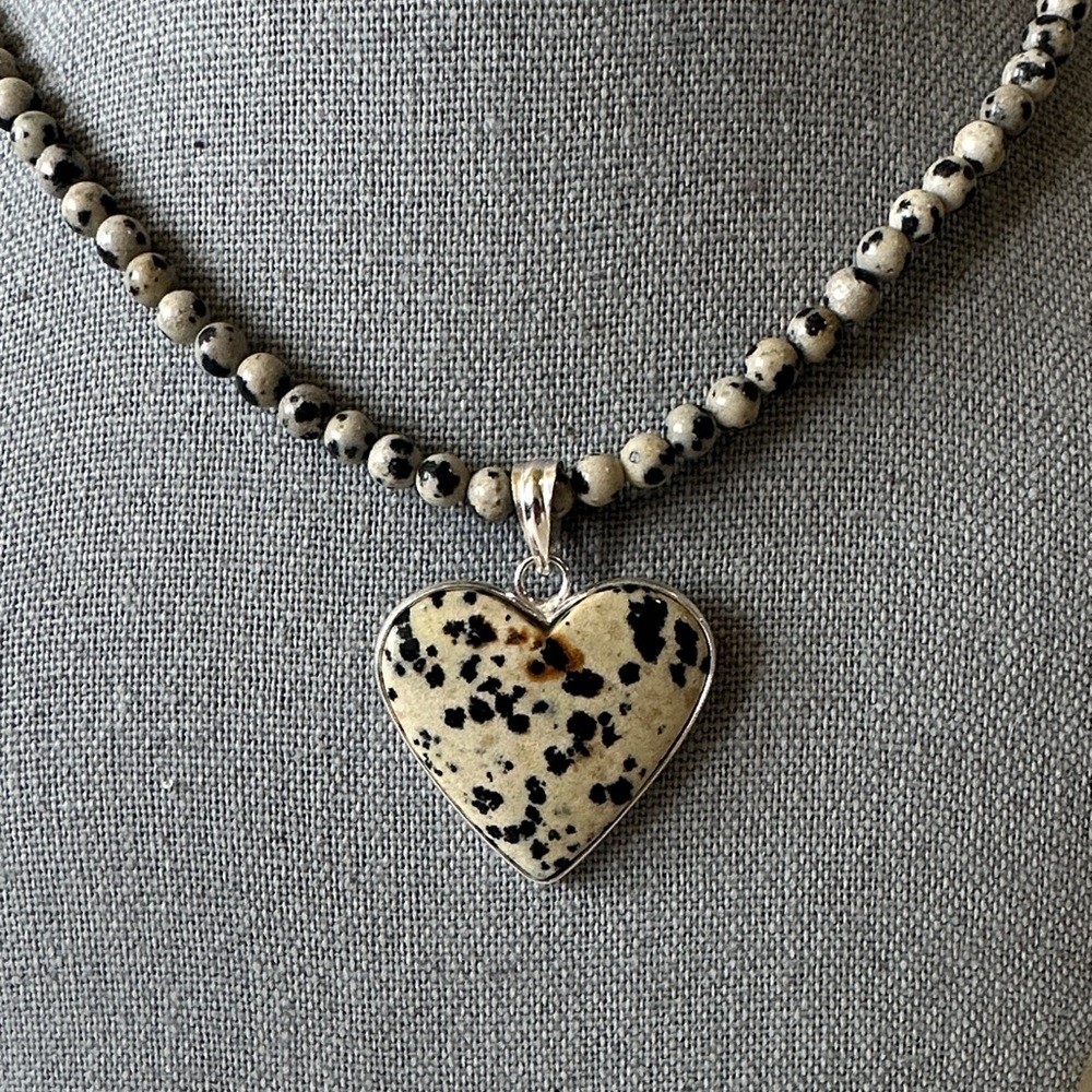 Genuine Dalmatian Jasper Heart Pendant and Stone Silver Plated Necklace